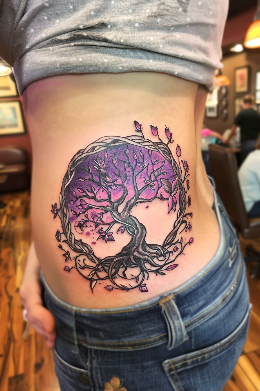 Middle Body - Feminine Tree Of Life Tattoo Design Idea For Women 14