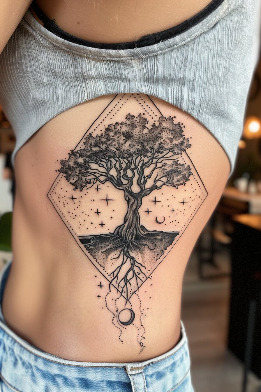 Middle Body - Feminine Tree Of Life Tattoo Design Idea For Women 5