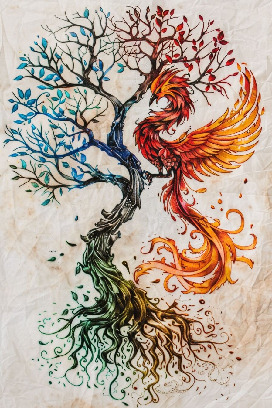 Tree of Life Tattoo Stencil Design 17 (Phoenix)