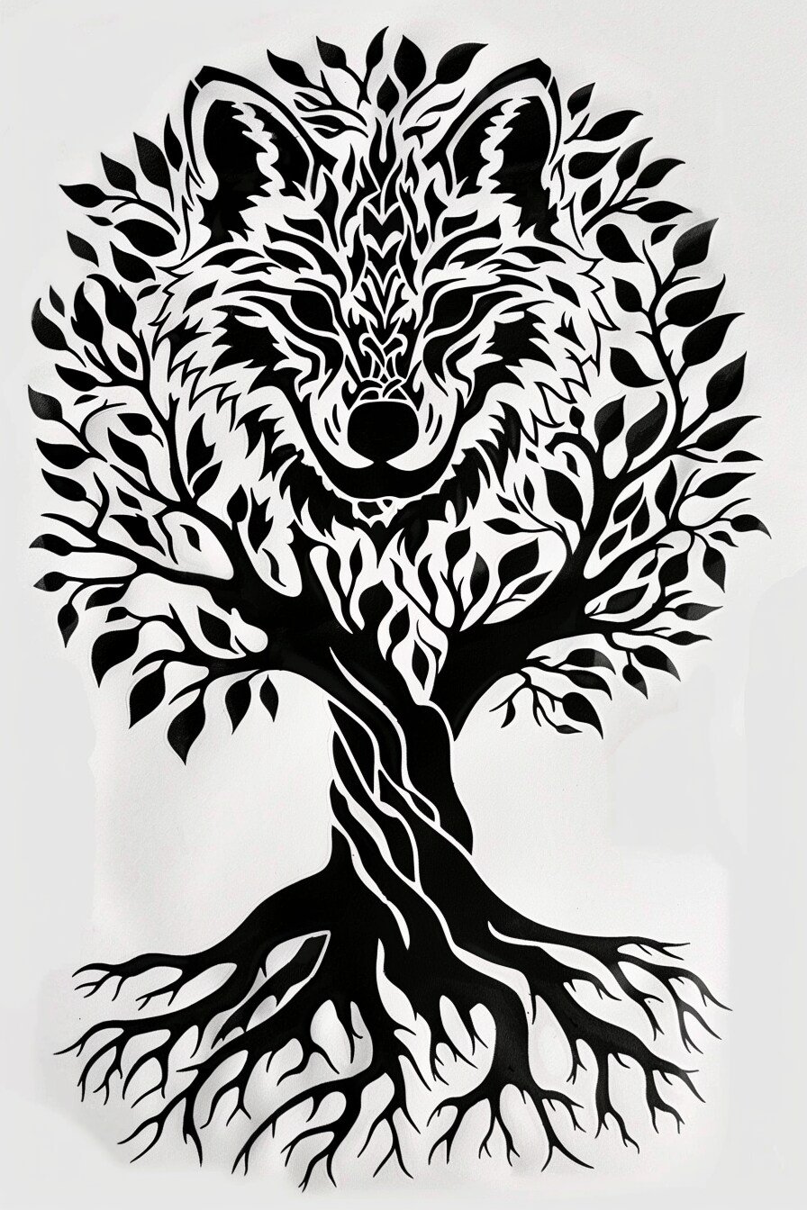 Tree of Life Tattoo Stencil Design 21 (Wolf)