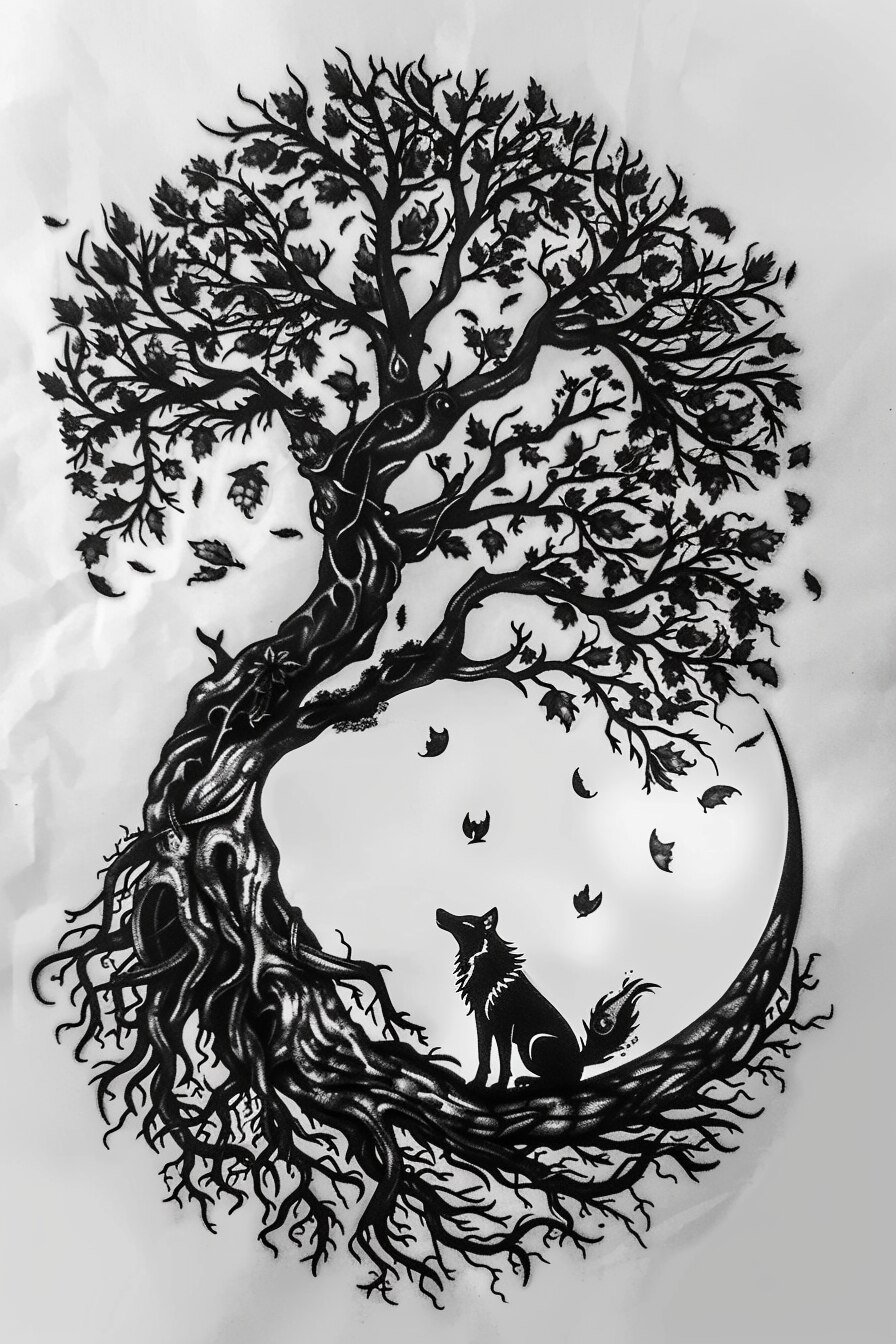 Tree of Life Tattoo Stencil Design 23 (Wolf)