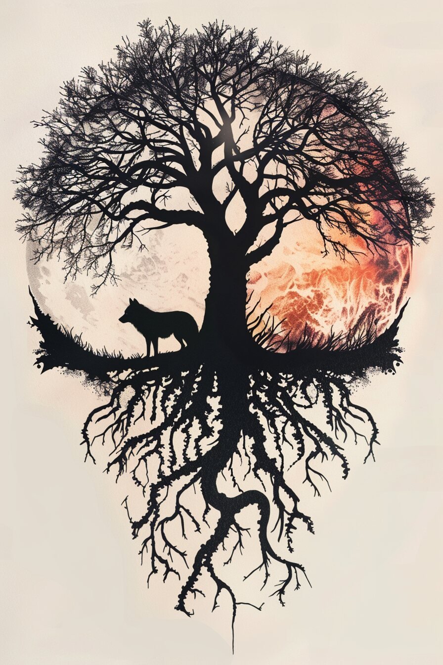 Tree of Life Tattoo Stencil Design 24 (Wolf)