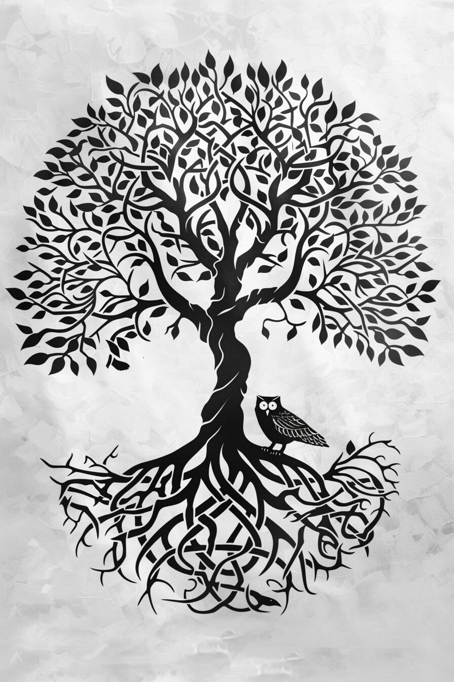 Tree of Life Tattoo Stencil Design 29 (Owl)