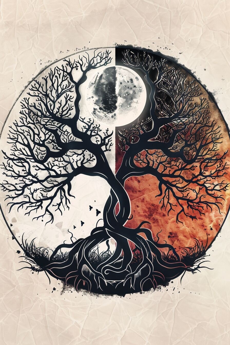 Tree of Life Tattoo Stencil Design 34 (Moon & Yin Yang)