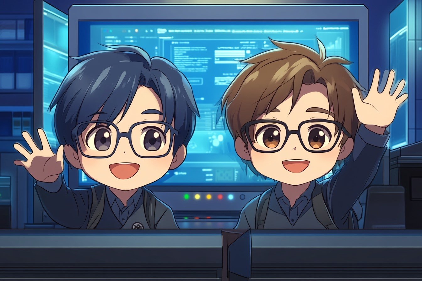 2 chibi men wearing glasses, waving at the screen