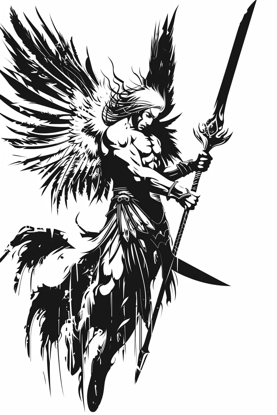 Angel Tattoo Stencil Design Idea 1 (Warrior With Spear)