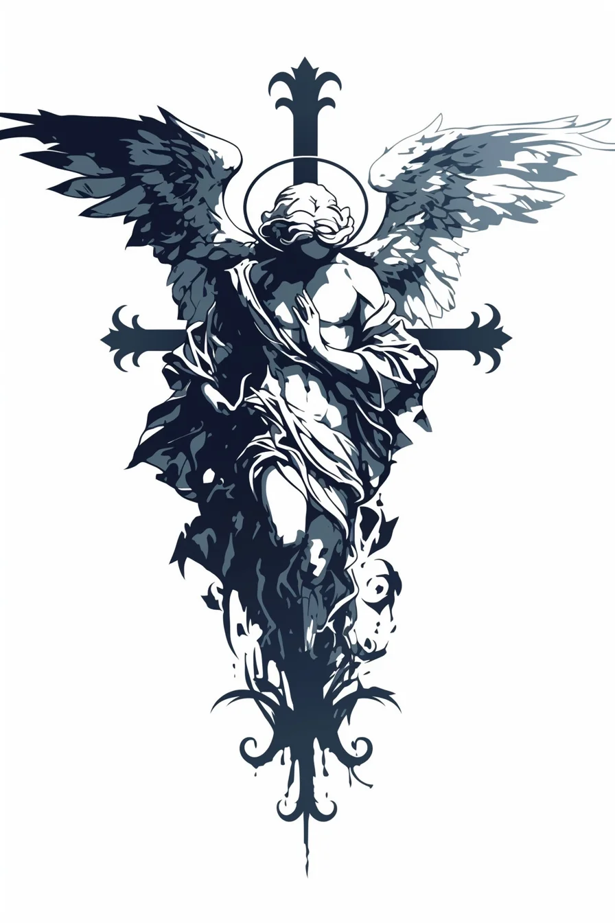 Angel Tattoo Stencil Design Idea 12 (Cross)