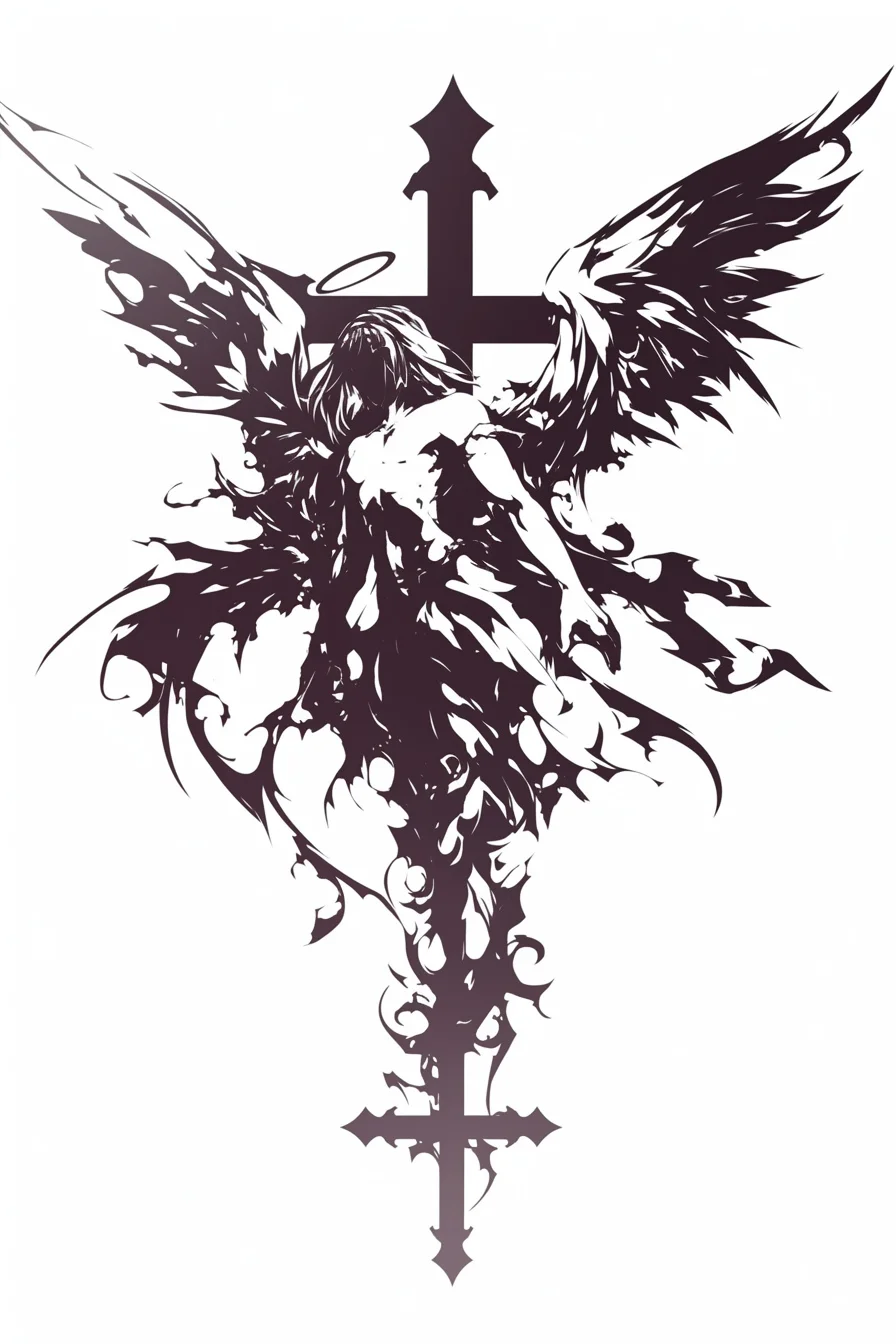 Angel Tattoo Stencil Design Idea 14 (Cross)