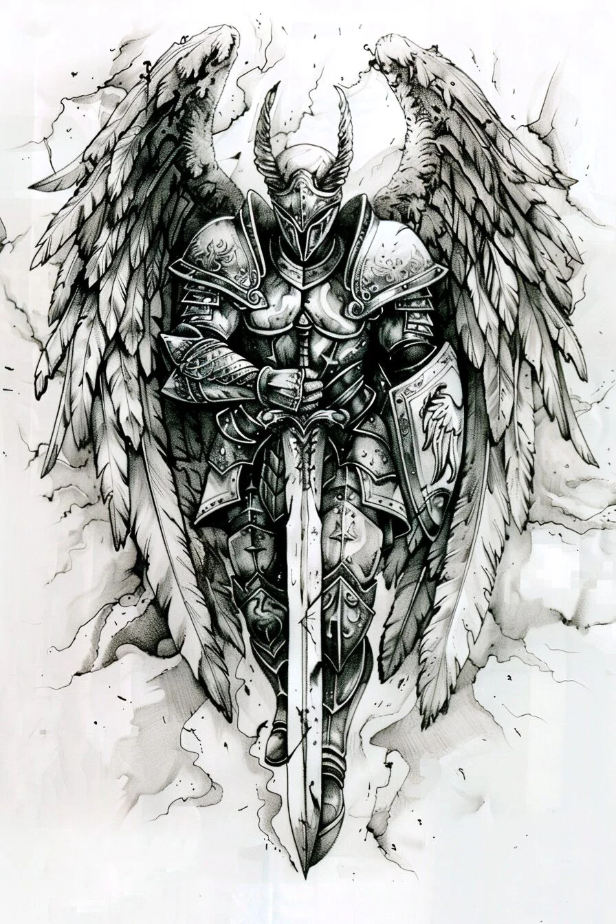 Angel Tattoo Stencil Design Idea 2 (Guardian With Sword)