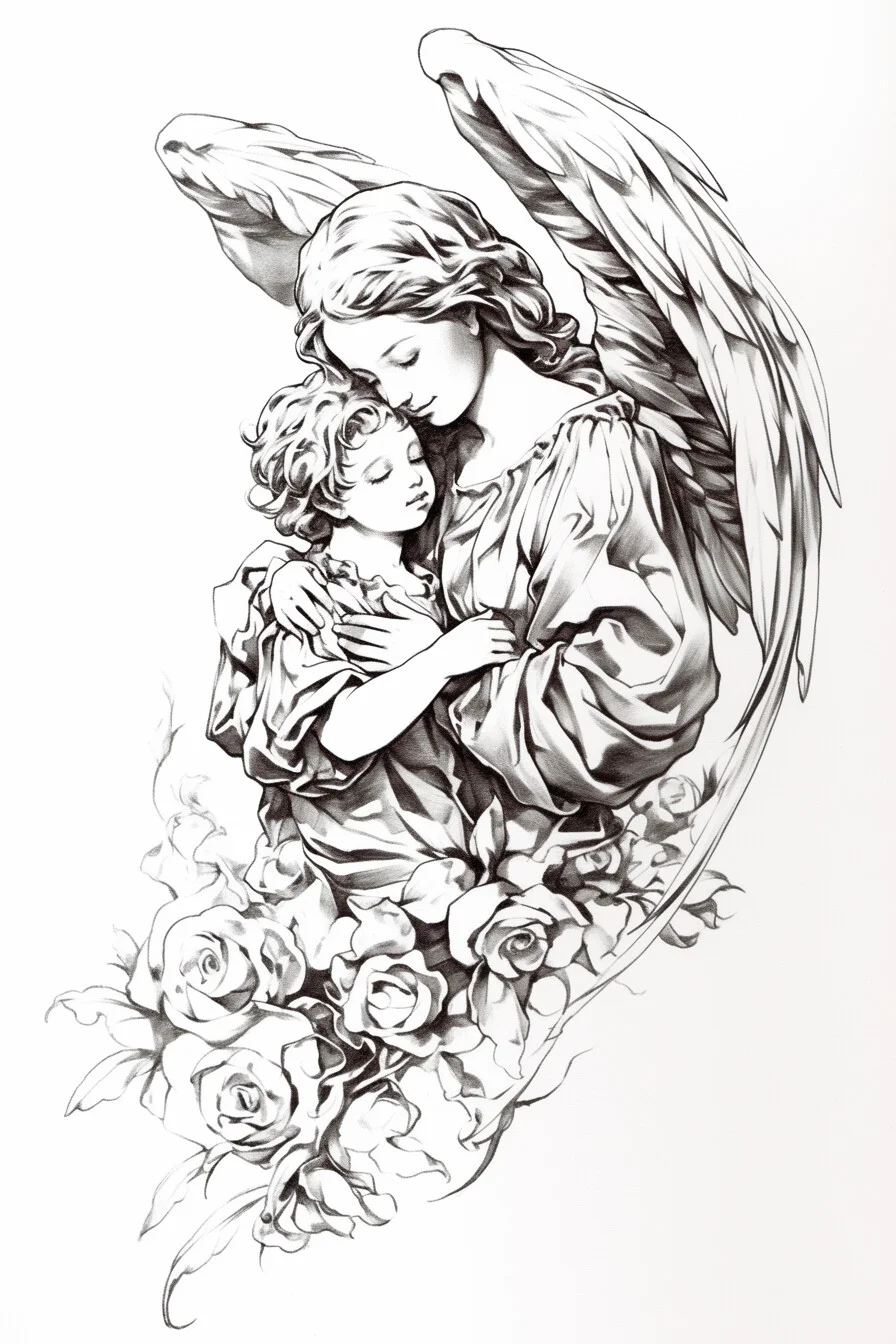 Angel Tattoo Stencil Design Idea 23 (Angel With Baby)