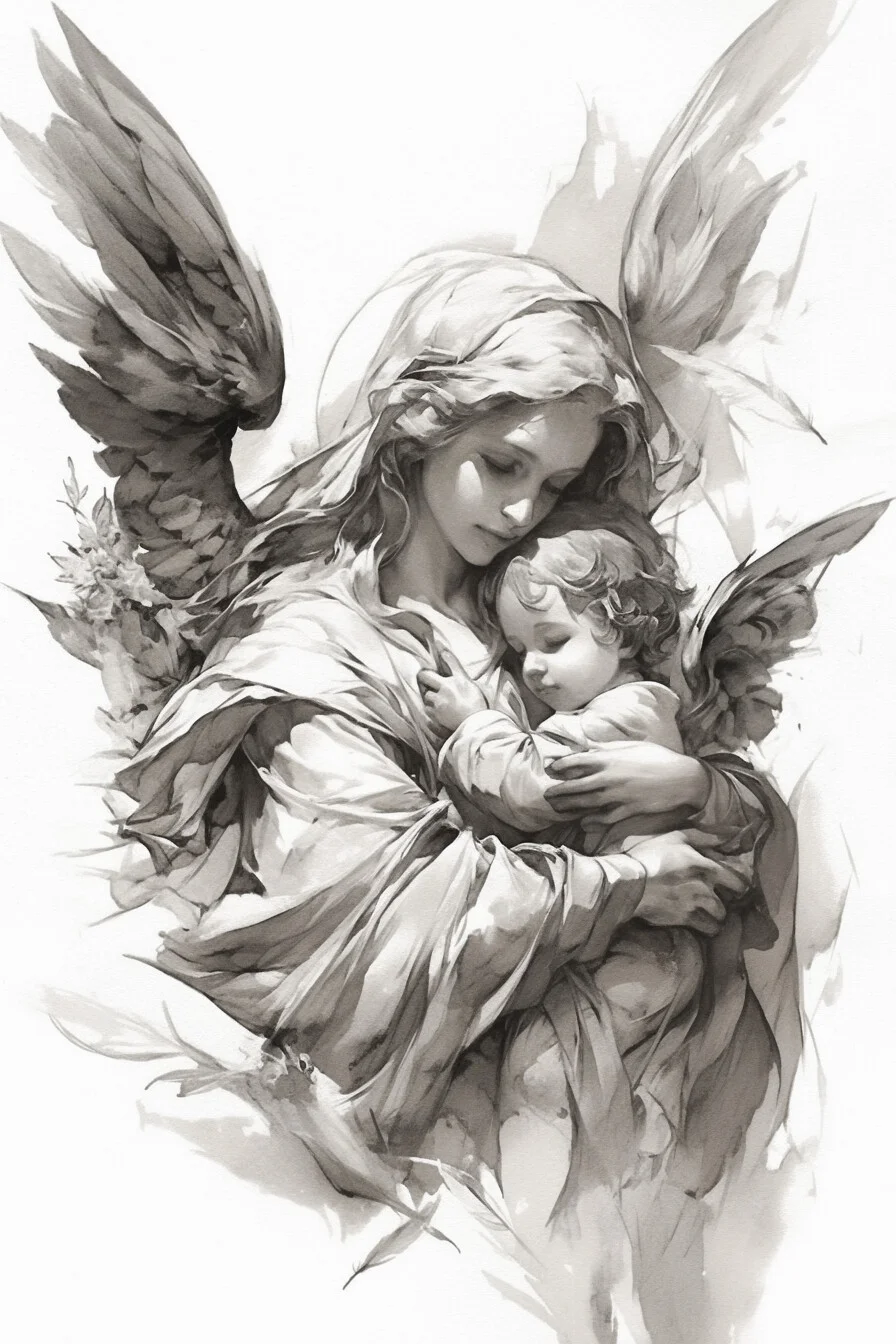 Angel Tattoo Stencil Design Idea 25 (Angel With Baby)