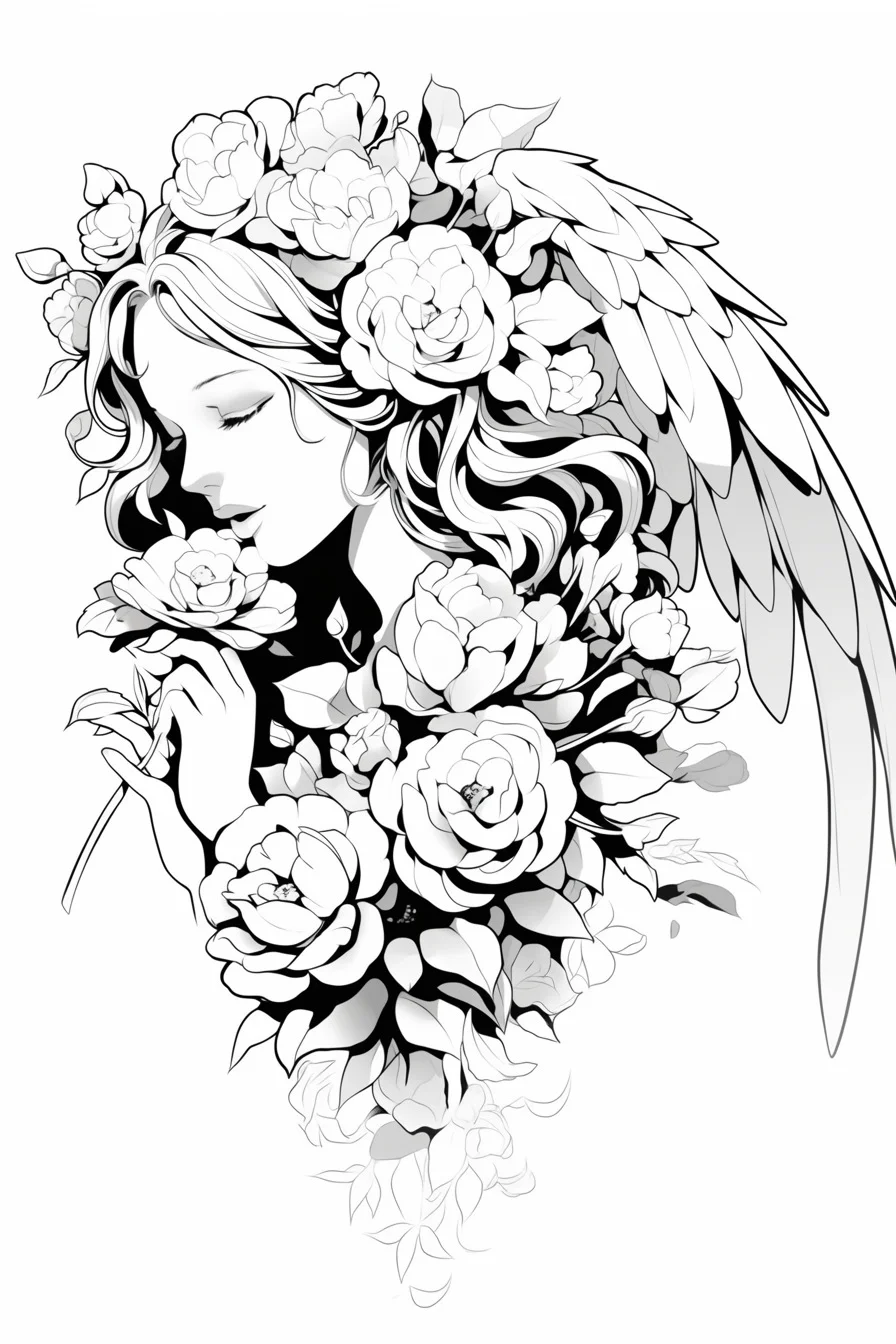 Angel Tattoo Stencil Design Idea 26 (Flowers)