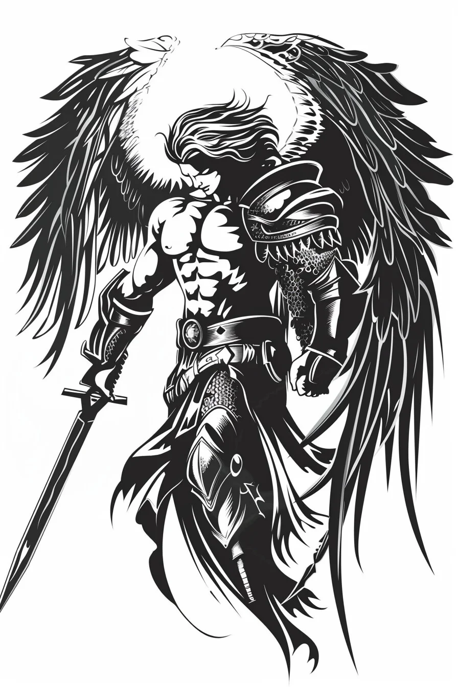 Angel Tattoo Stencil Design Idea 3 (Warrior With Sword)