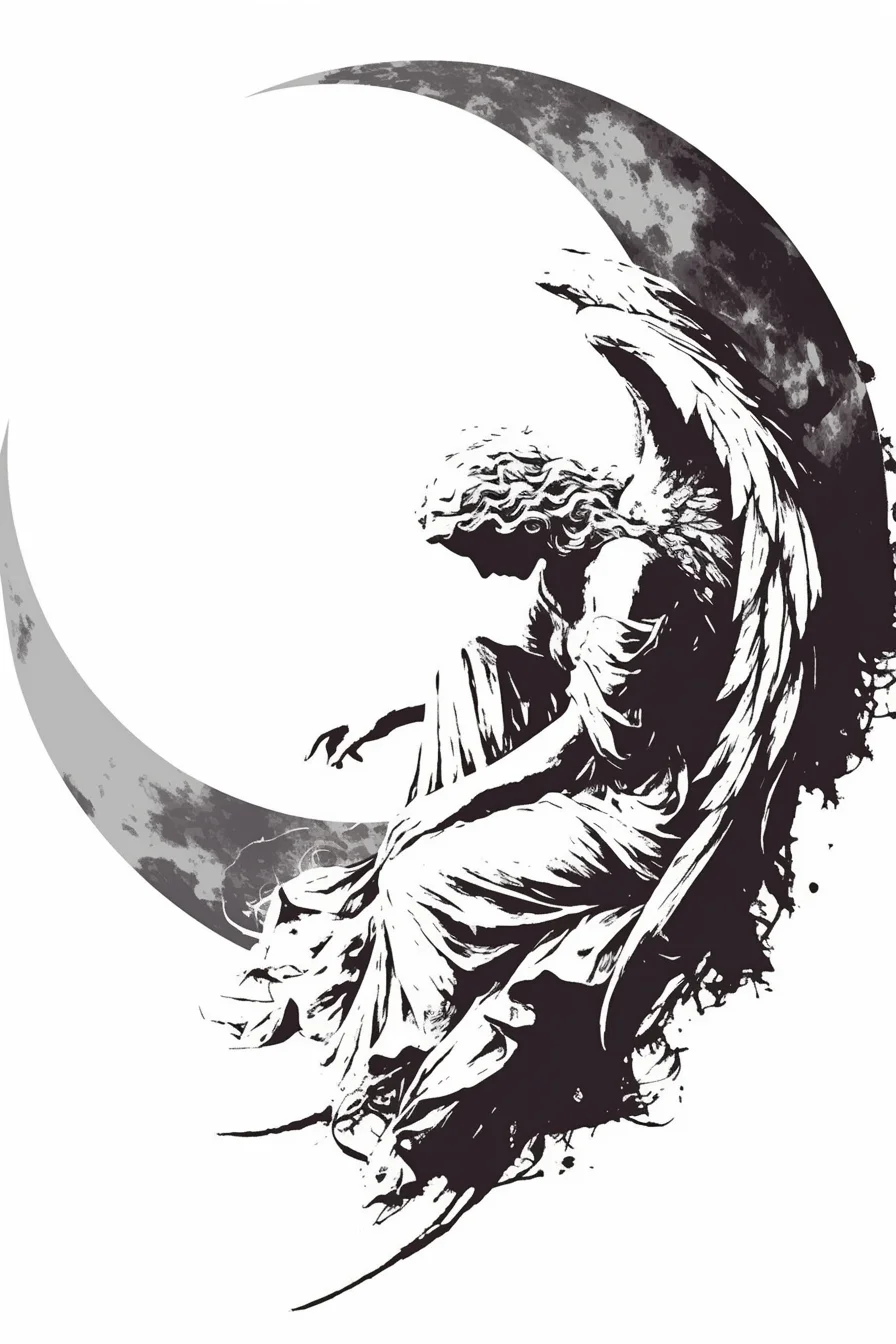 Angel Tattoo Stencil Design Idea 31 (Moon)