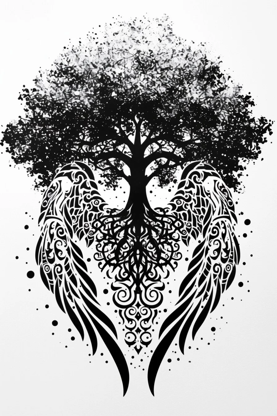 Angel Tattoo Stencil Design Idea 34 (Wings & Tree)