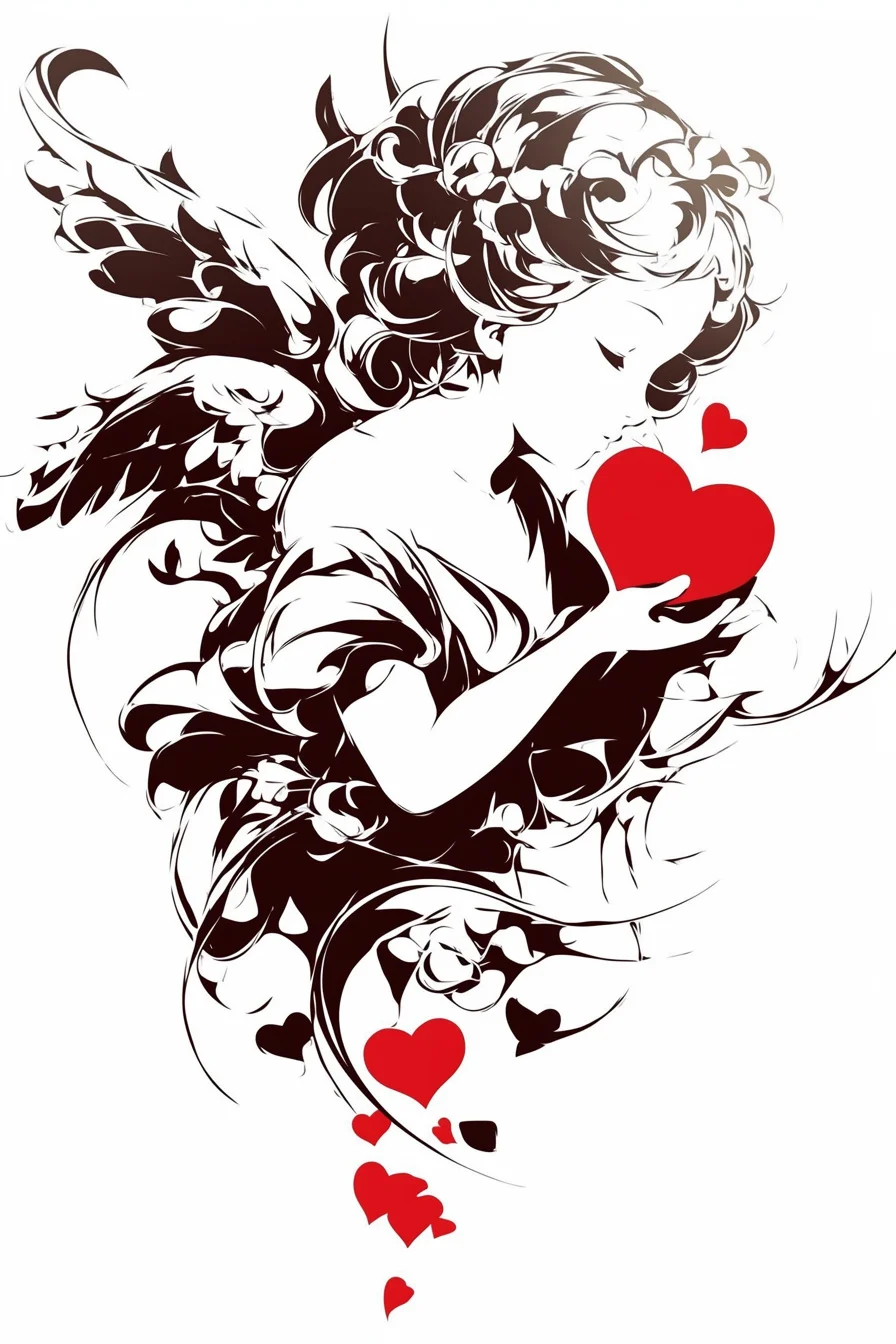 Angel Tattoo Stencil Design Idea 37 (Cherub With Hearts)