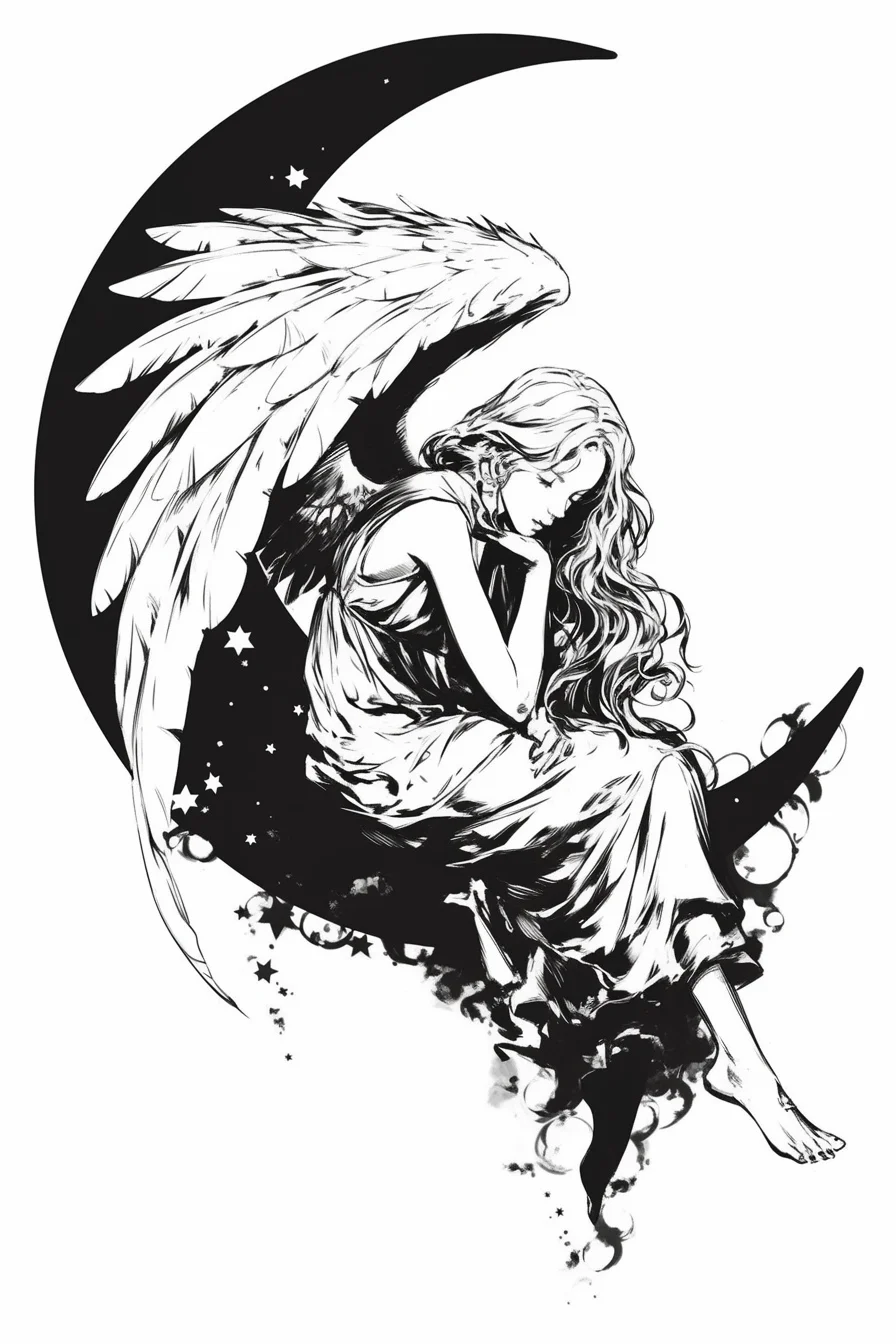 Angel Tattoo Stencil Design Idea 43 (Moon)