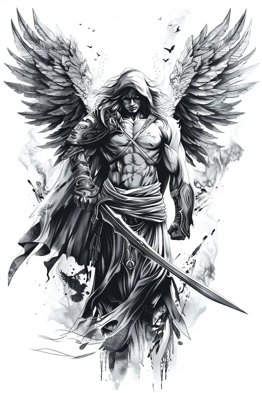 Angel Tattoo Stencil Design Idea 6 (Warrior With Sword)