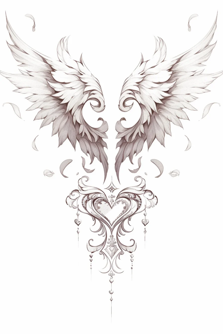 Angel Tattoo Stencil Design Idea 69 (Wings & Heart)