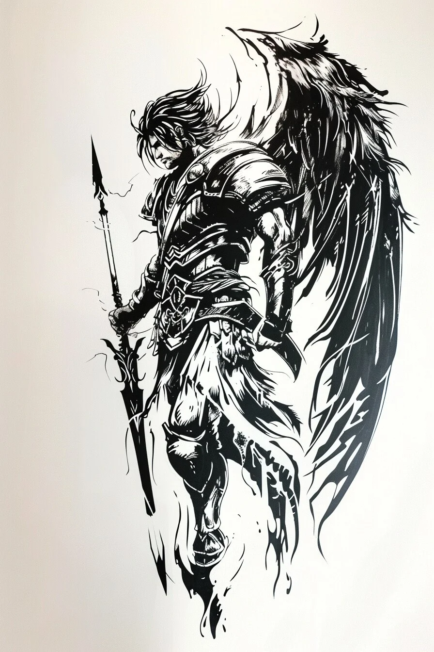 Angel Tattoo Stencil Design Idea 7 (Warrior With Spear)