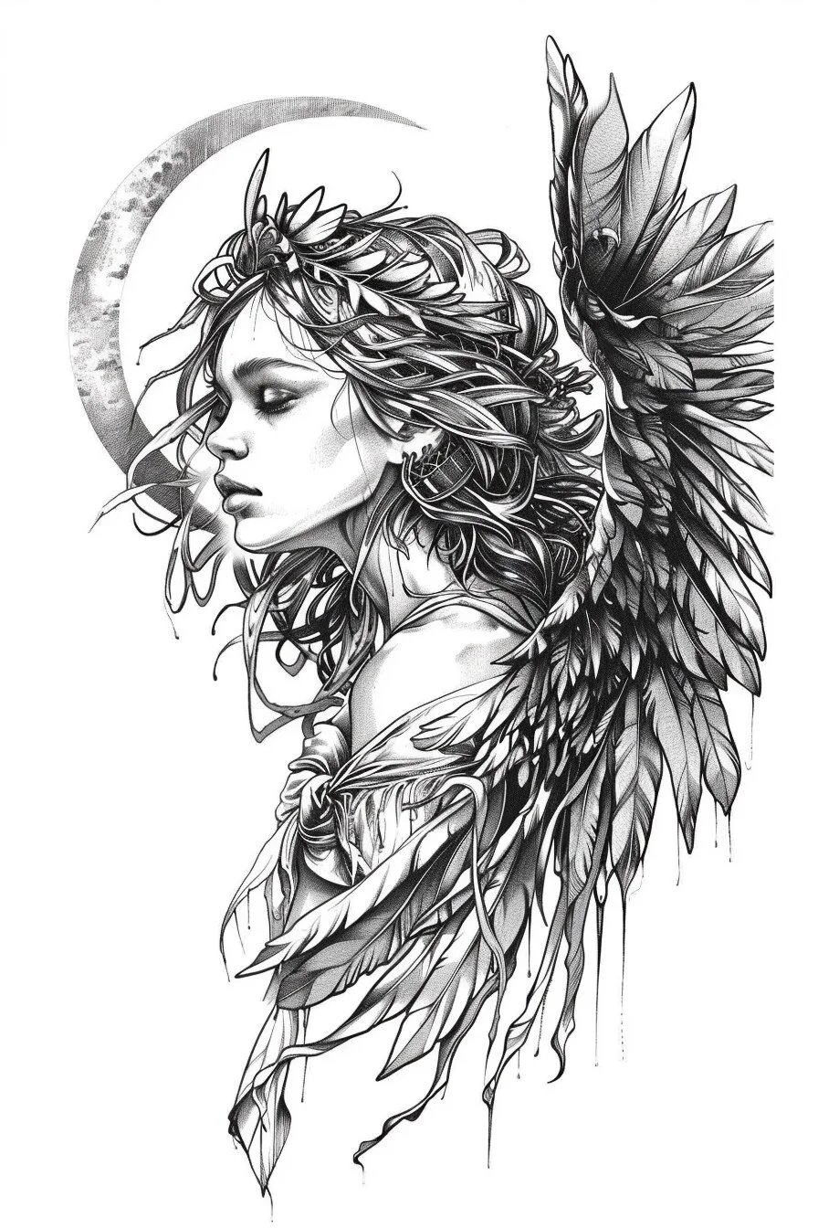 Angel Tattoo Stencil Design Idea 8 (Moon)