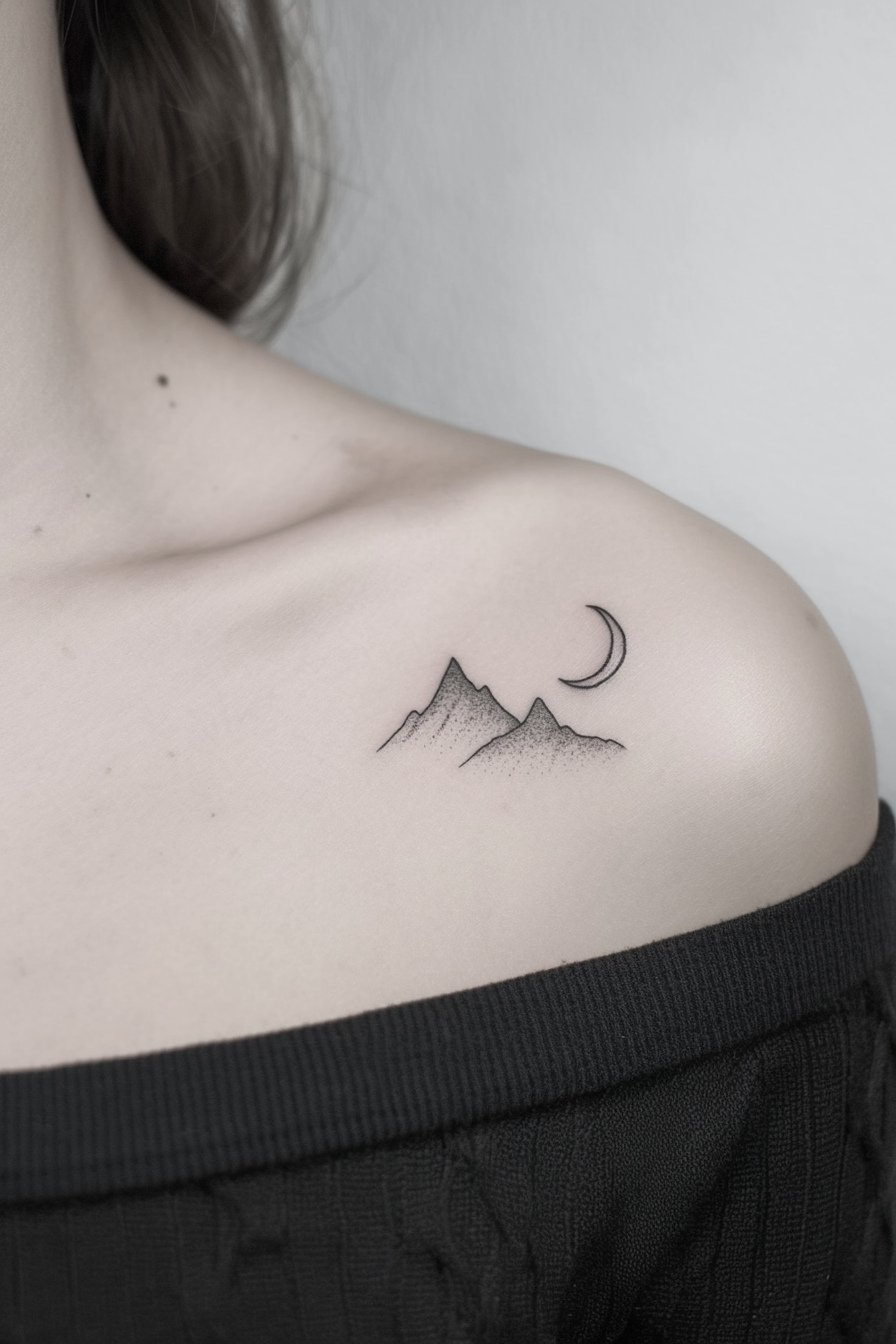 Front Body - Simple Mountain Tattoo Design Idea 12 (Collarbone - Moon)