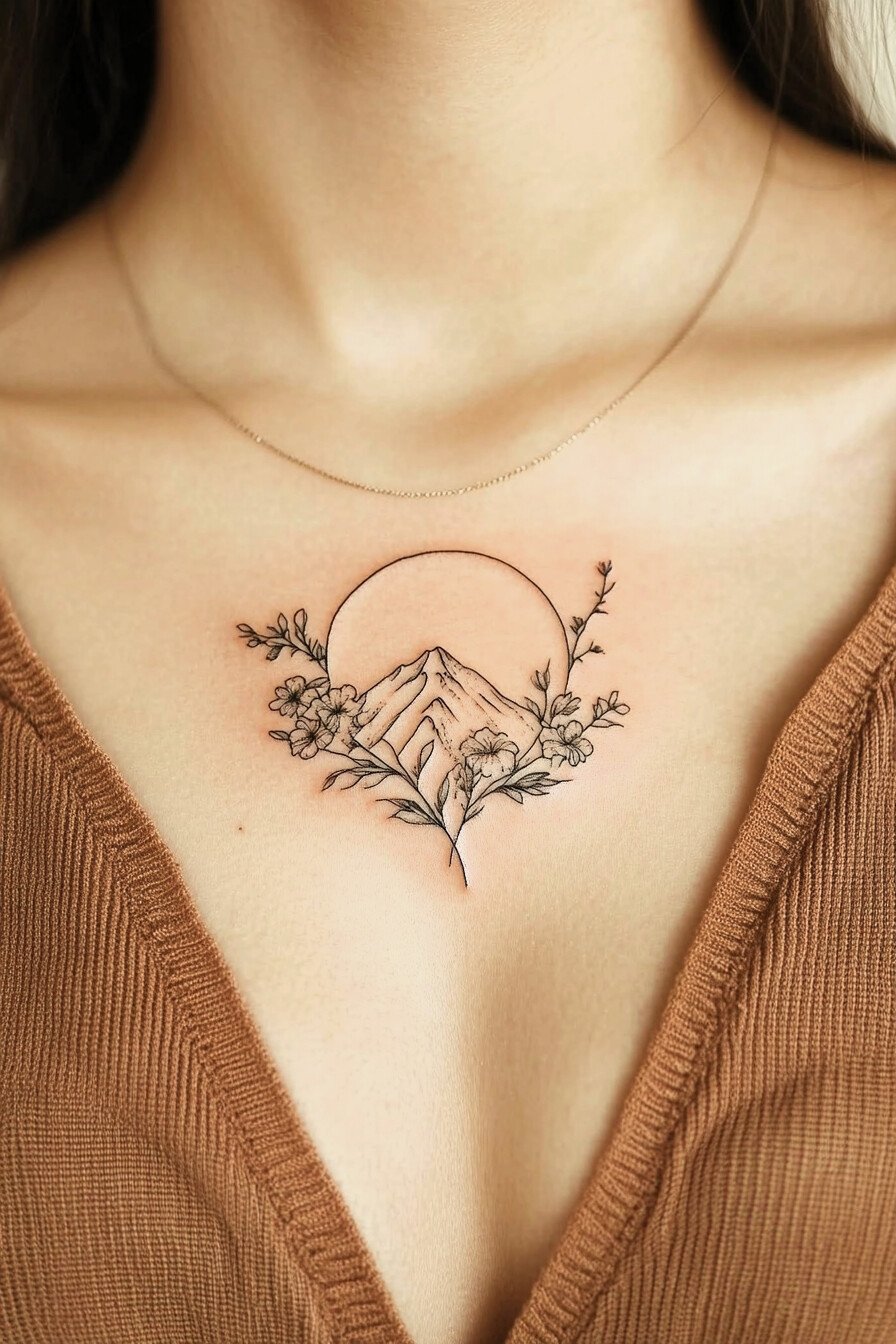 Front Body - Simple Mountain Tattoo Design Idea 7 (Chest - Flowers)