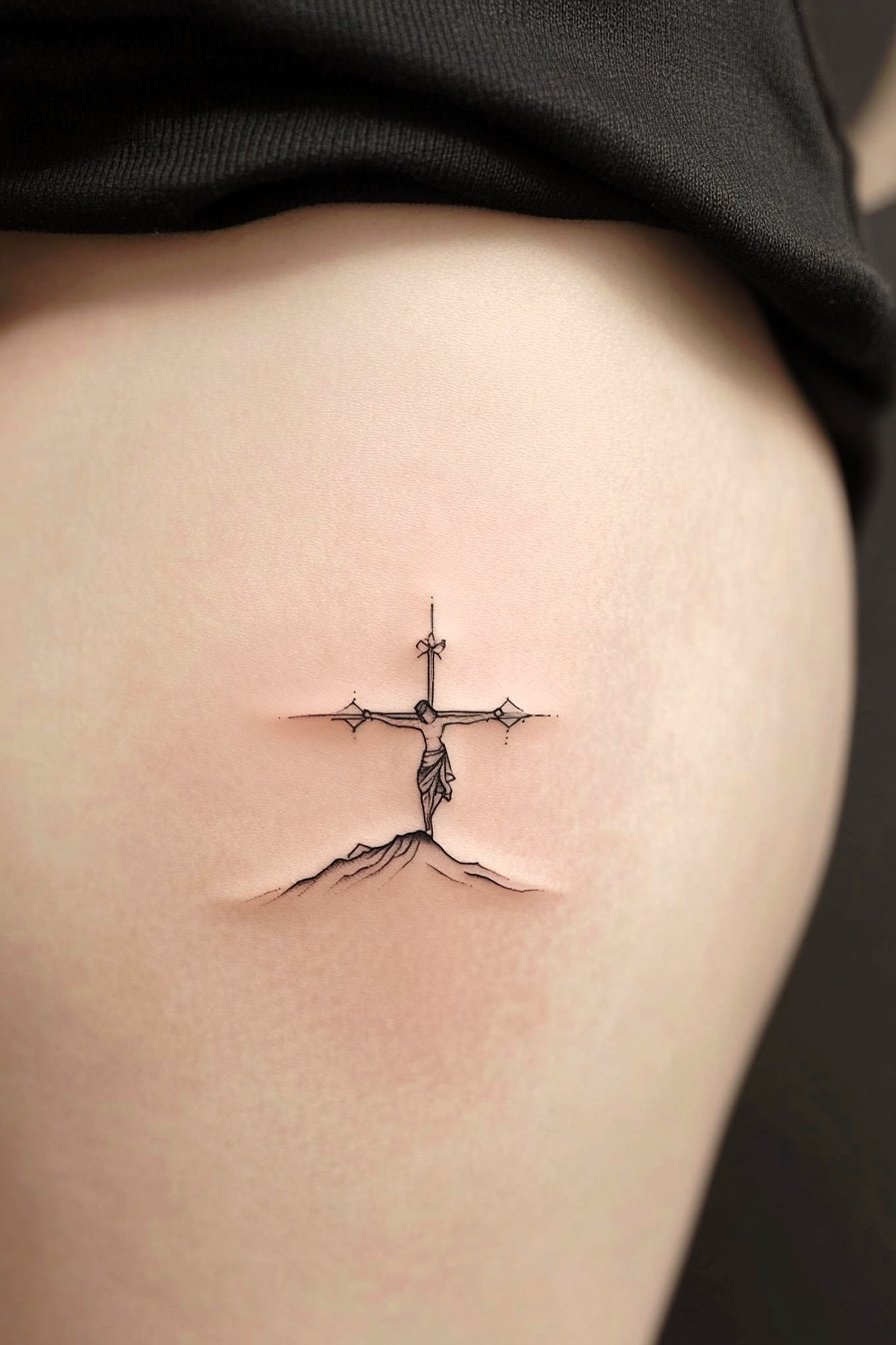 Lower Body - Simple Mountain Tattoo Design Idea 10 (Hip - Christian Jesus Cross)