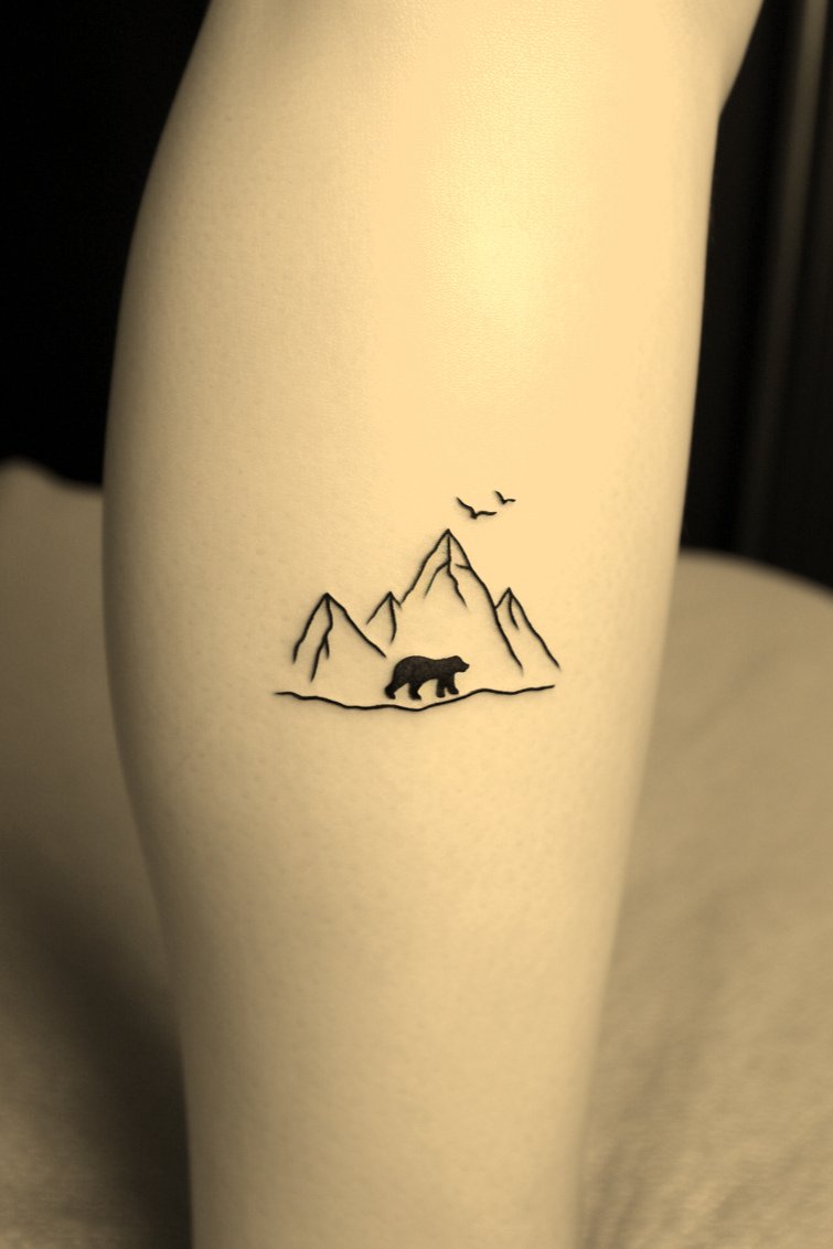 Lower Body - Simple Mountain Tattoo Design Idea 13 (Calf - Bear & Birds)