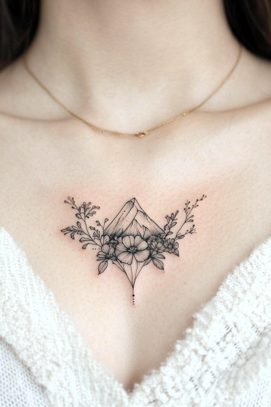 Mountain Tattoo Design Idea 33 (Flowers)