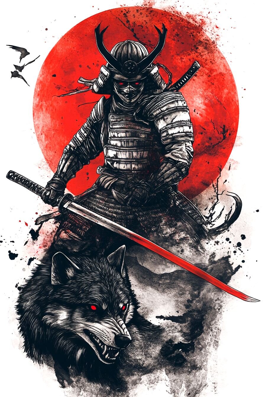 Samurai Tattoo Stencil Design 20 (Wolf)