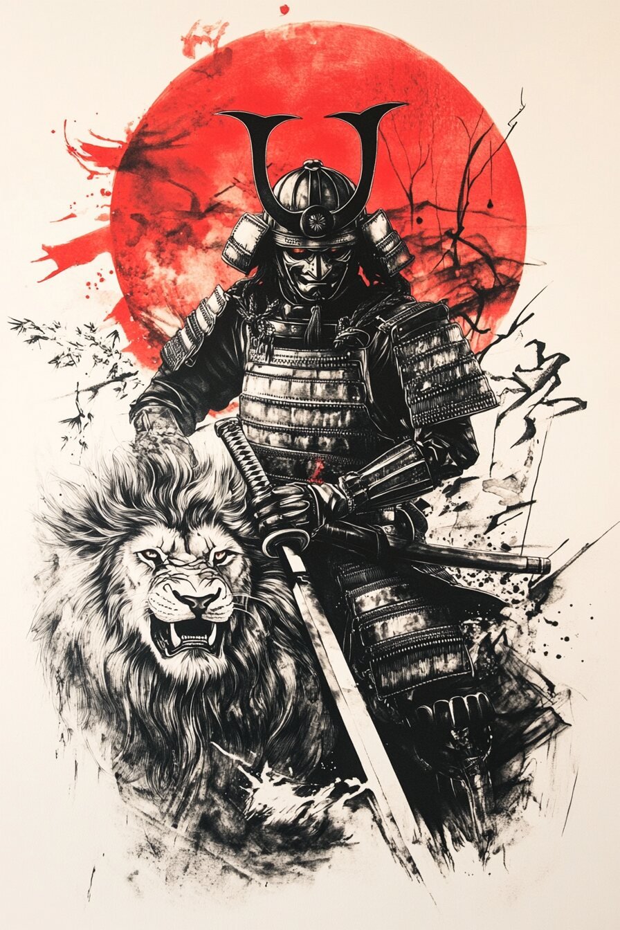 Samurai Tattoo Stencil Design 21 (Lion)