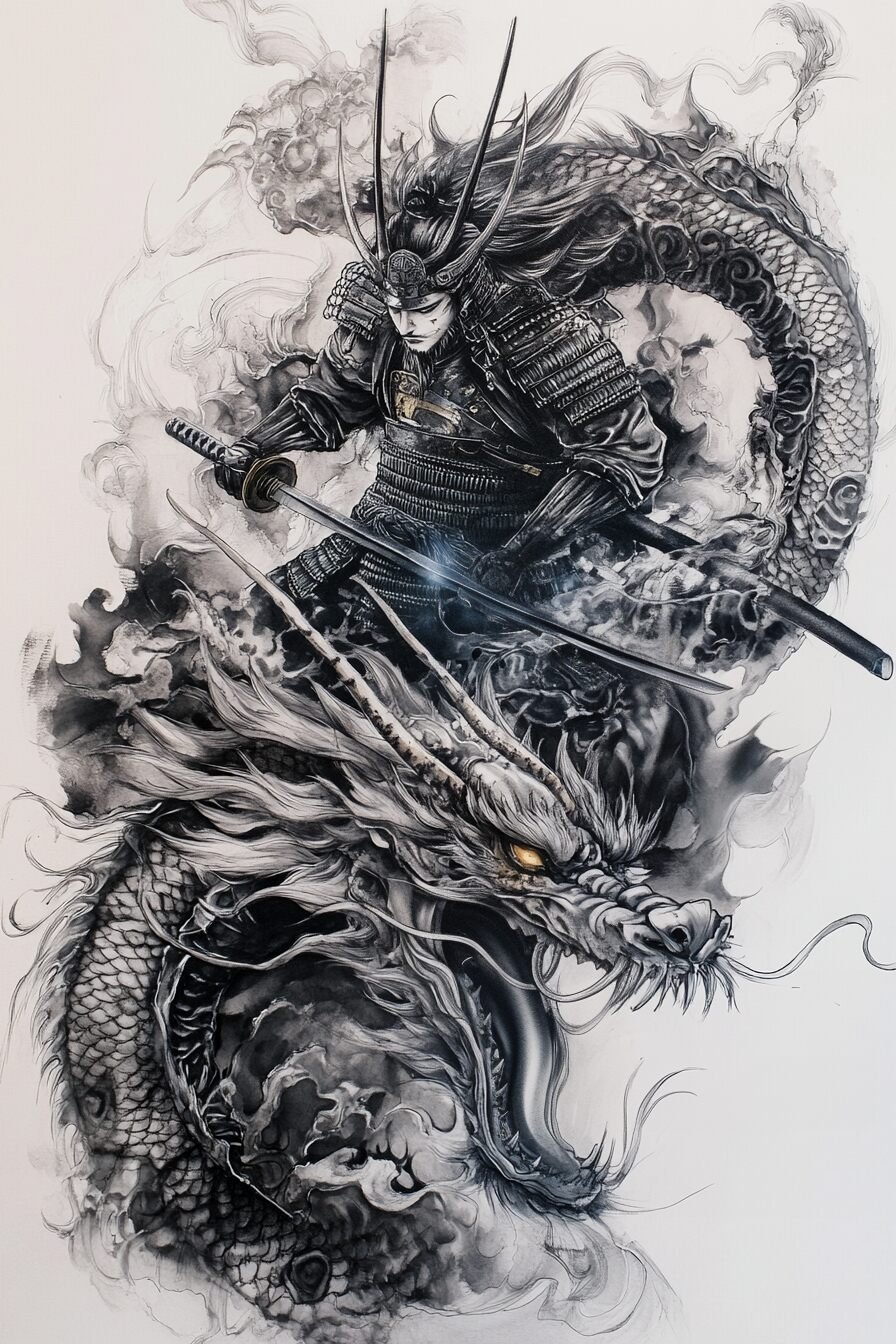 Samurai Tattoo Stencil Design 4 (Dragon)