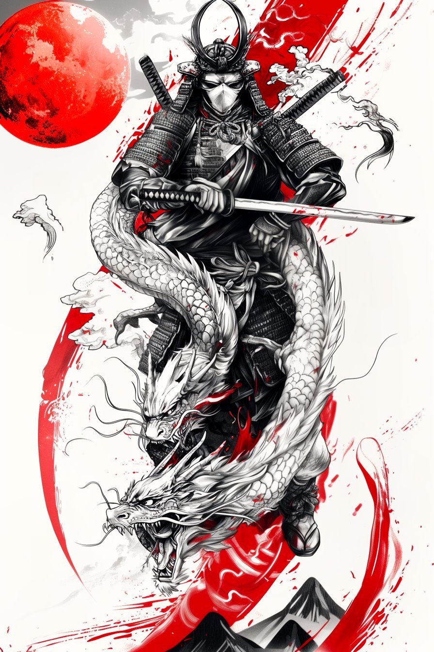 Samurai Tattoo Stencil Design 8 (Dragon)