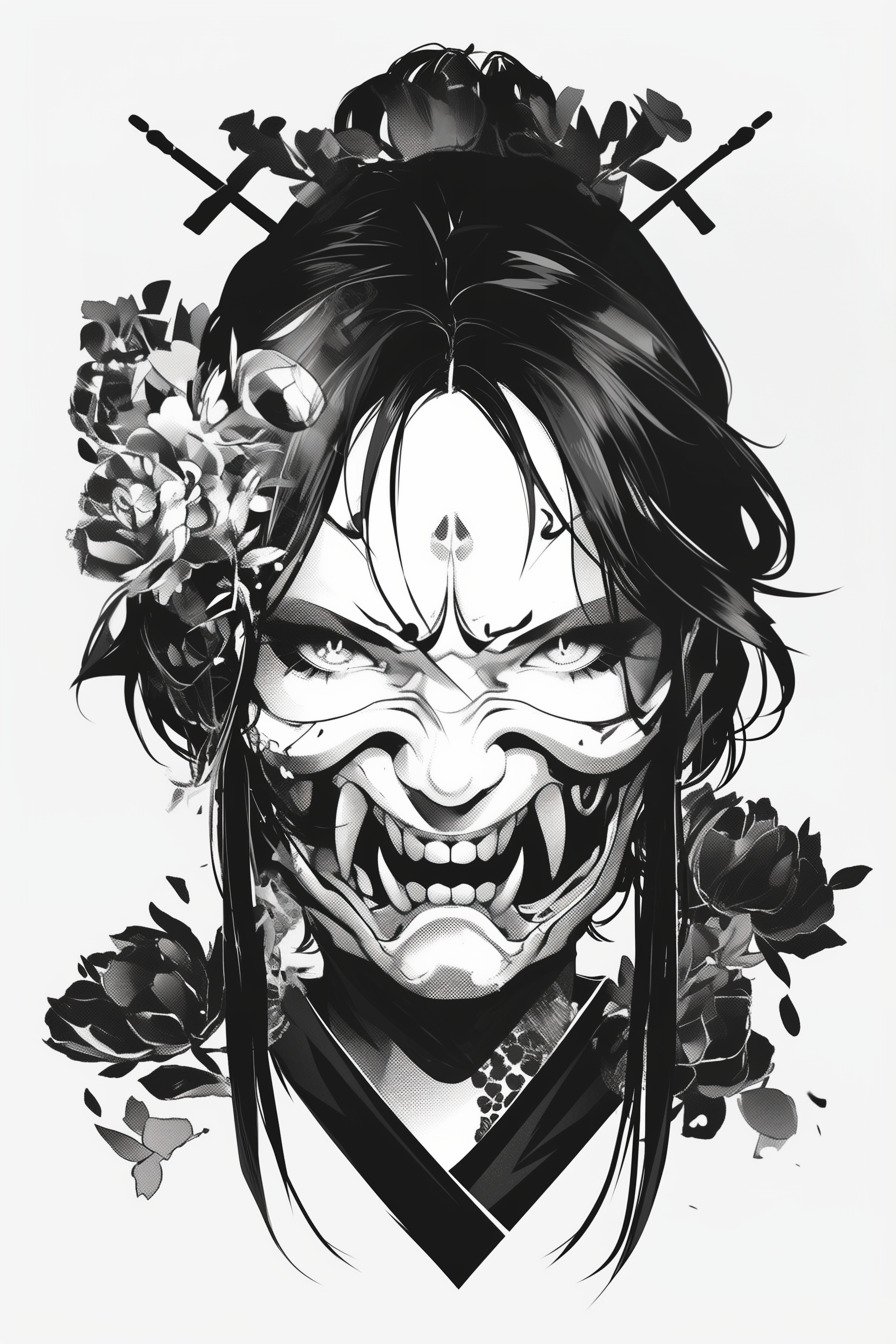 Stencil Hannya Mask Tattoo Design Ideas 1