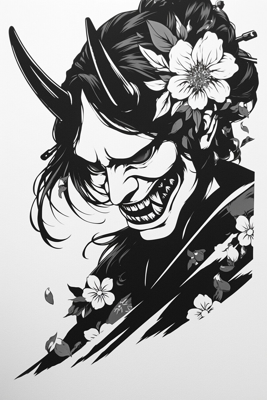 Stencil Hannya Mask Tattoo Design Ideas 10