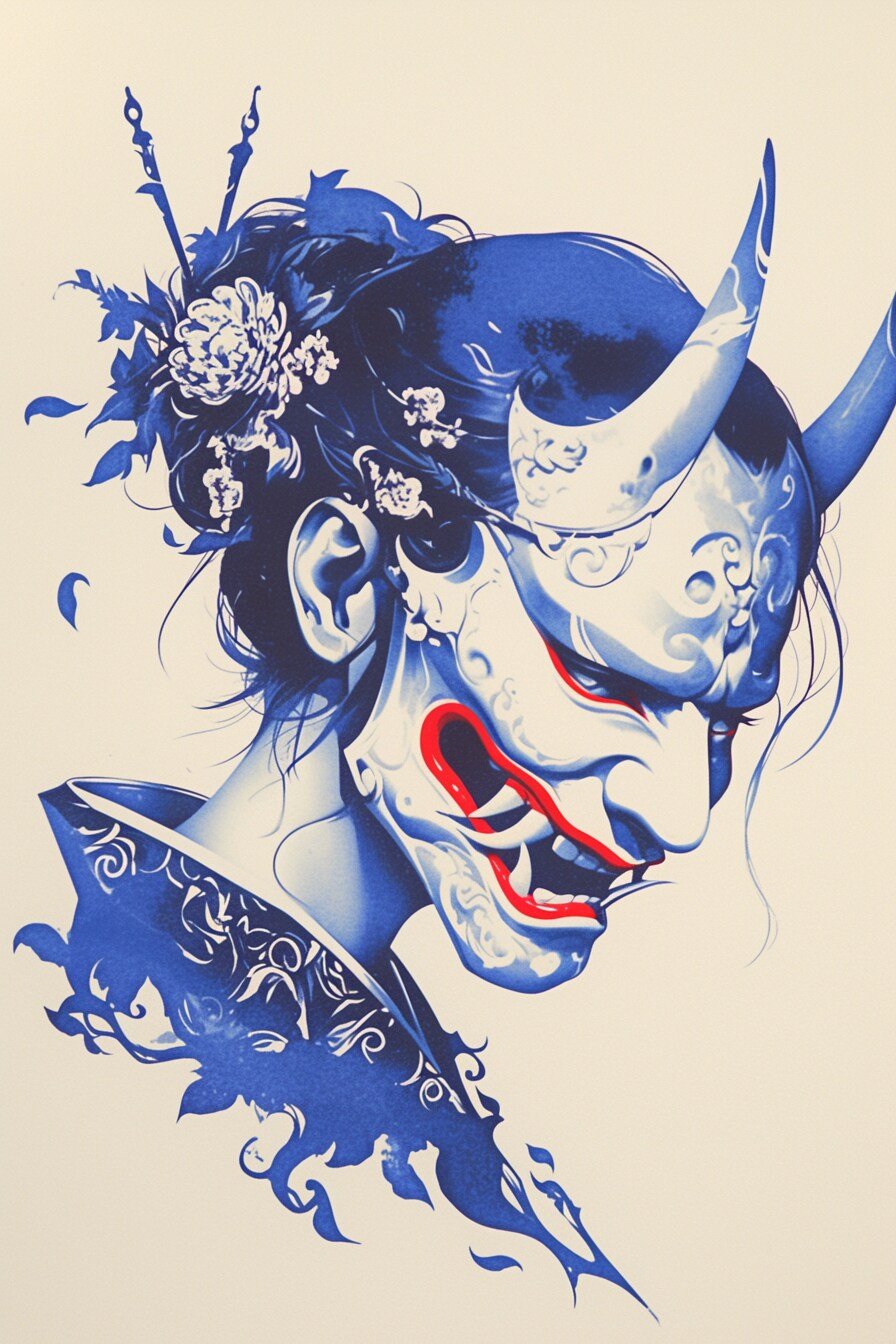 Stencil Hannya Mask Tattoo Design Ideas 11