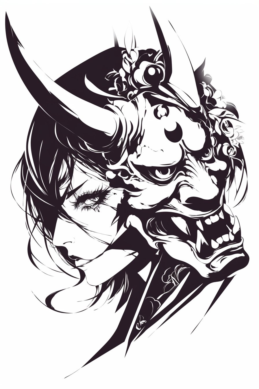 Stencil Hannya Mask Tattoo Design Ideas 12