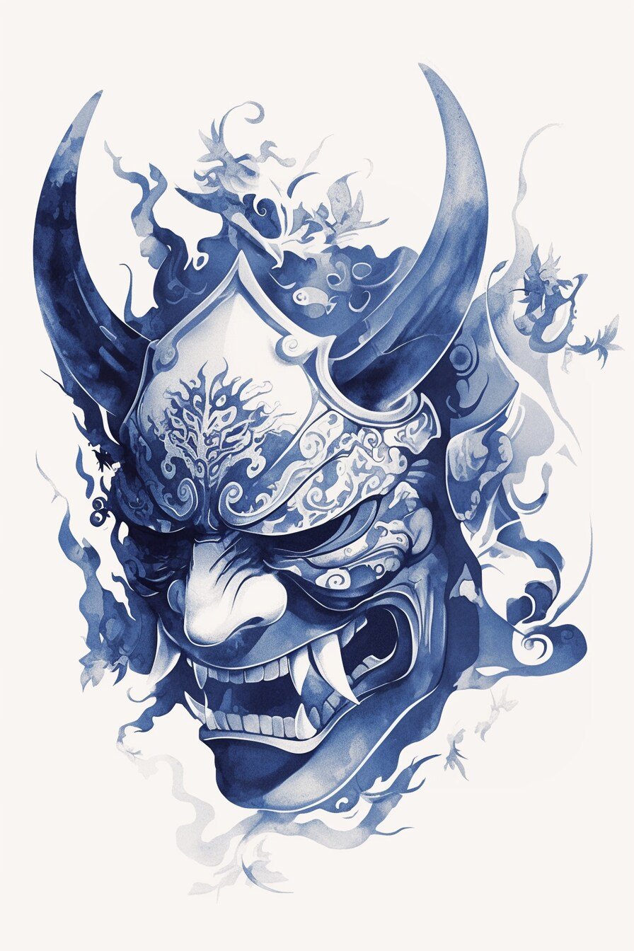 Stencil Hannya Mask Tattoo Design Ideas 14