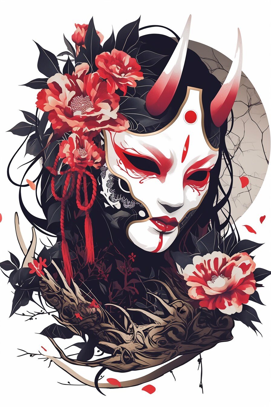 Stencil Hannya Mask Tattoo Design Ideas 17