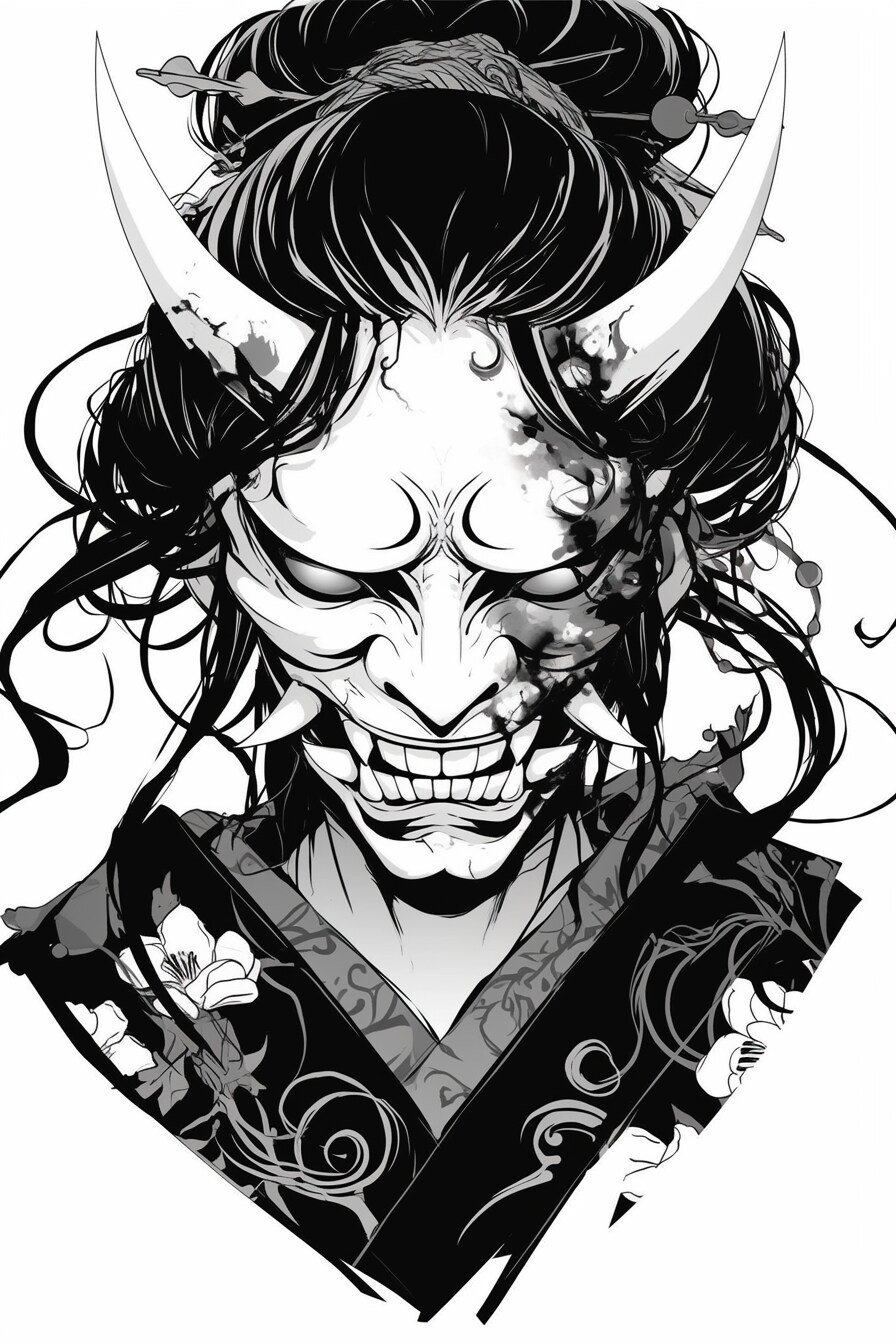 Stencil Hannya Mask Tattoo Design Ideas 18