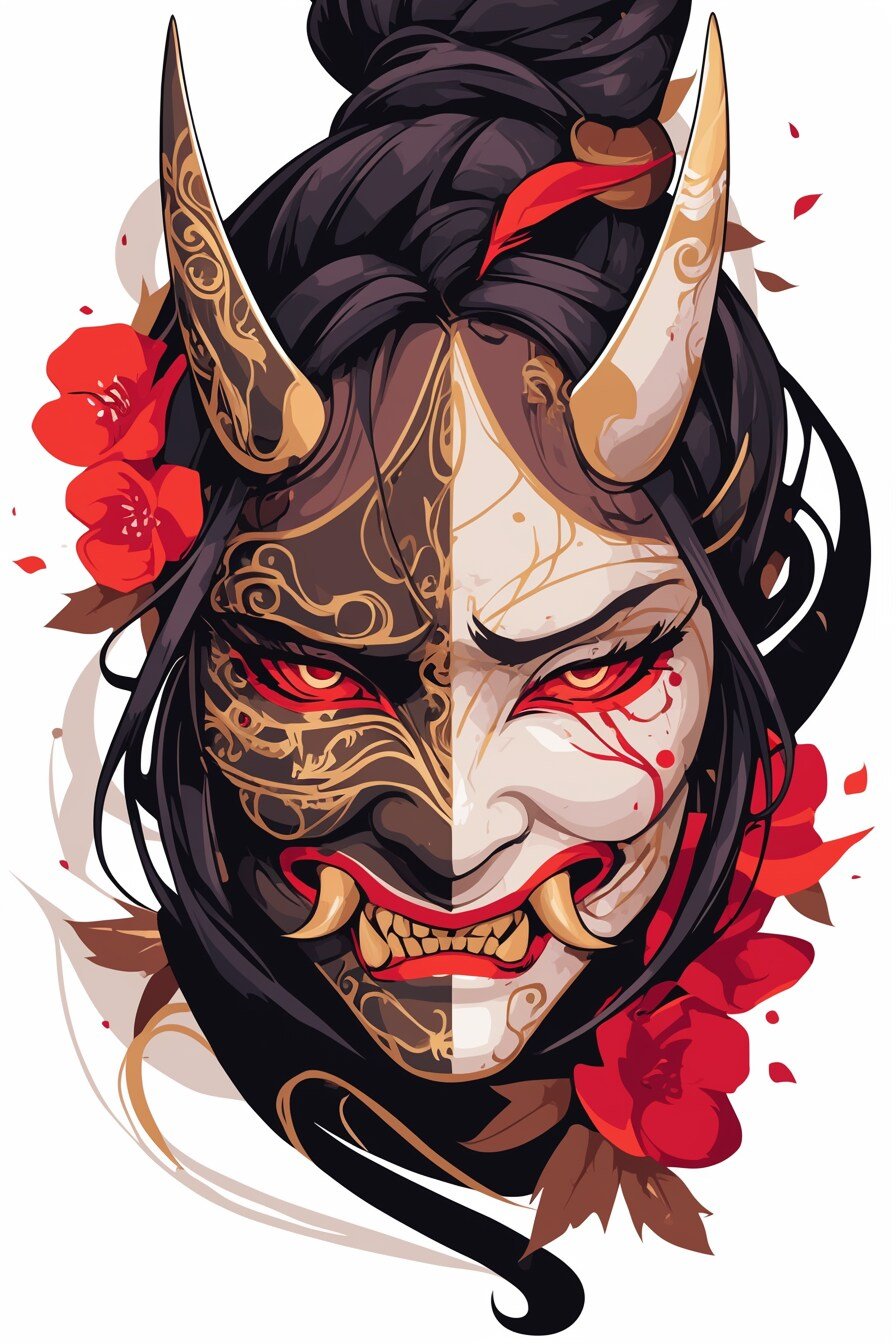 Stencil Hannya Mask Tattoo Design Ideas 19