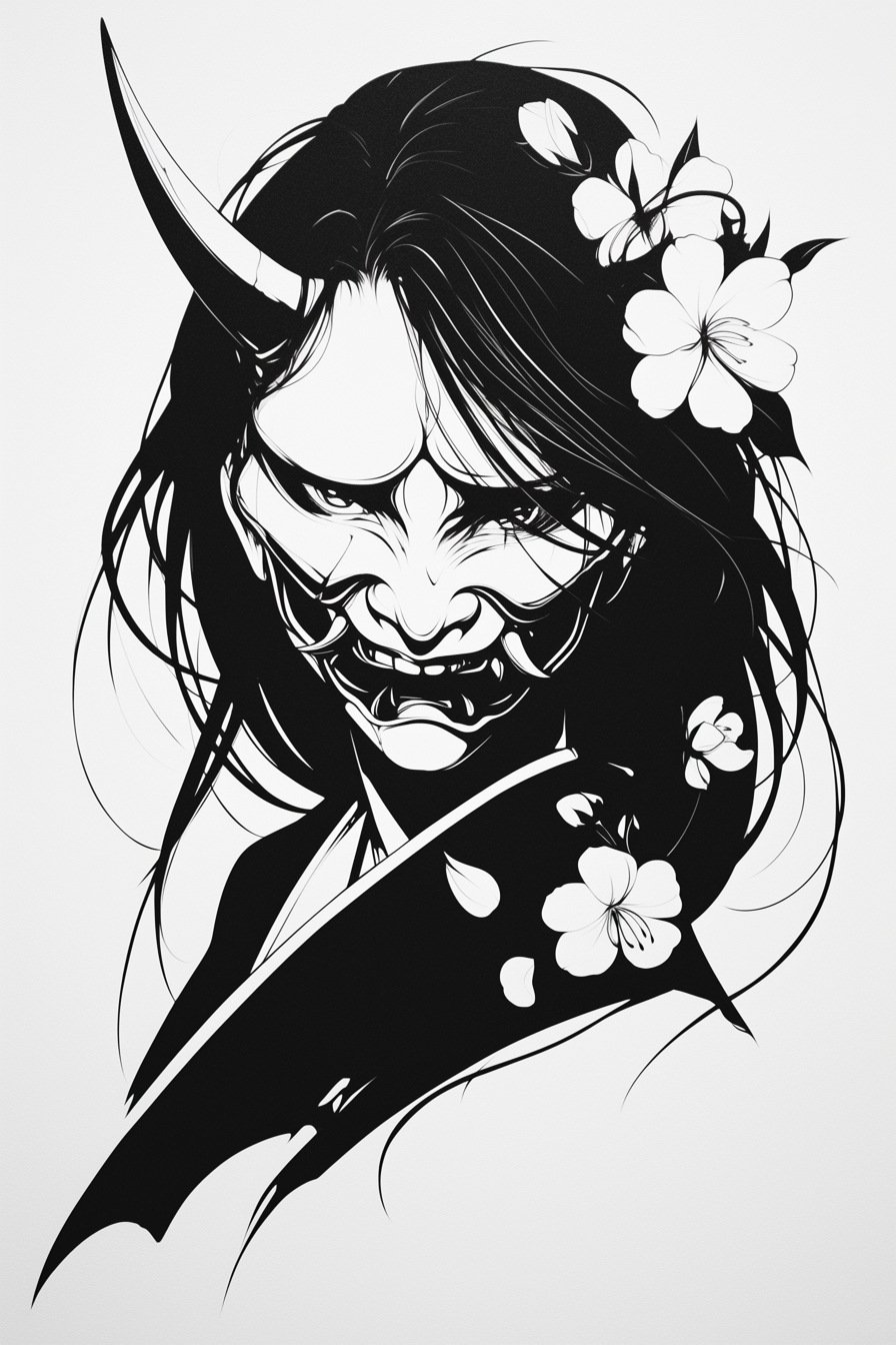 Stencil Hannya Mask Tattoo Design Ideas 20