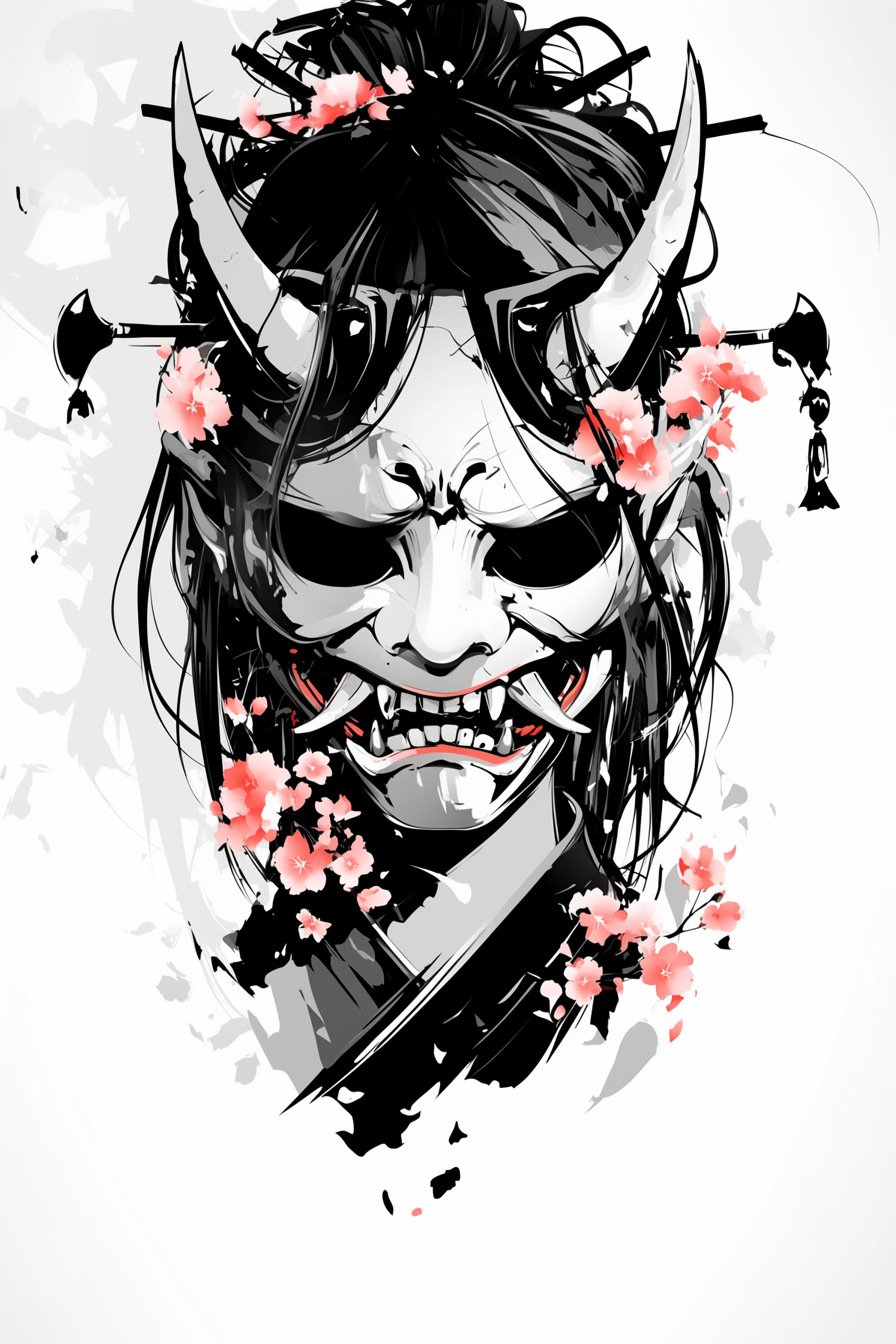 Stencil Hannya Mask Tattoo Design Ideas 21