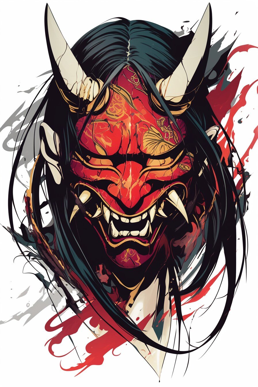 Stencil Hannya Mask Tattoo Design Ideas 5