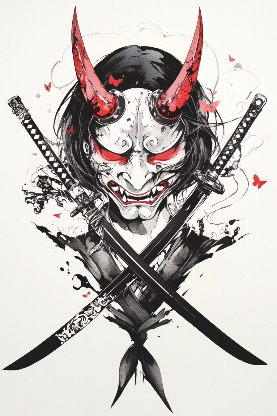 Stencil Hannya Mask Tattoo Design Ideas 6