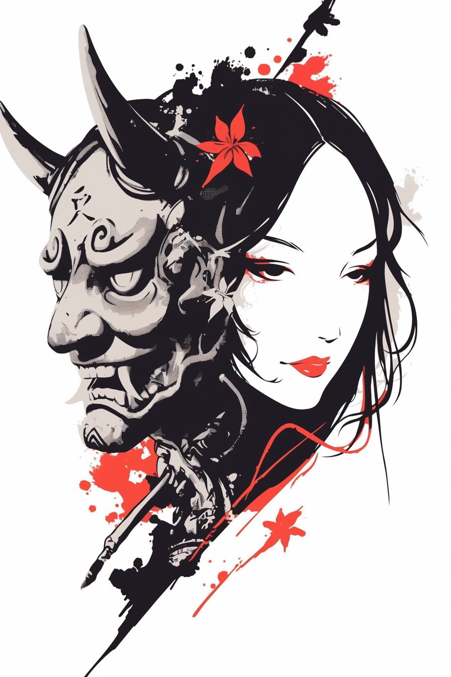 Stencil Hannya Mask Tattoo Design Ideas 9