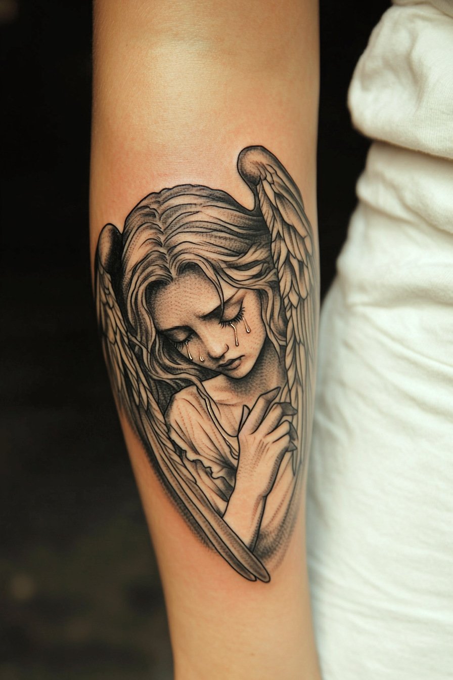 Arm - Angel Tattoo Design Idea For Women 12 (Forearm - Sad Angel)