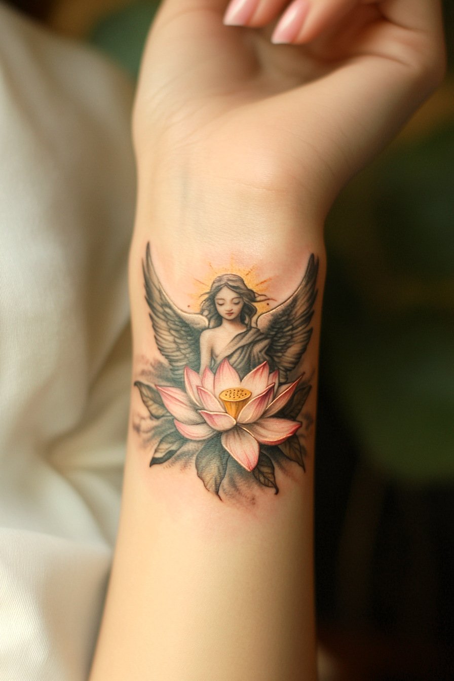 Arm - Angel Tattoo Design Idea For Women 16 (Wrist - Lotus)