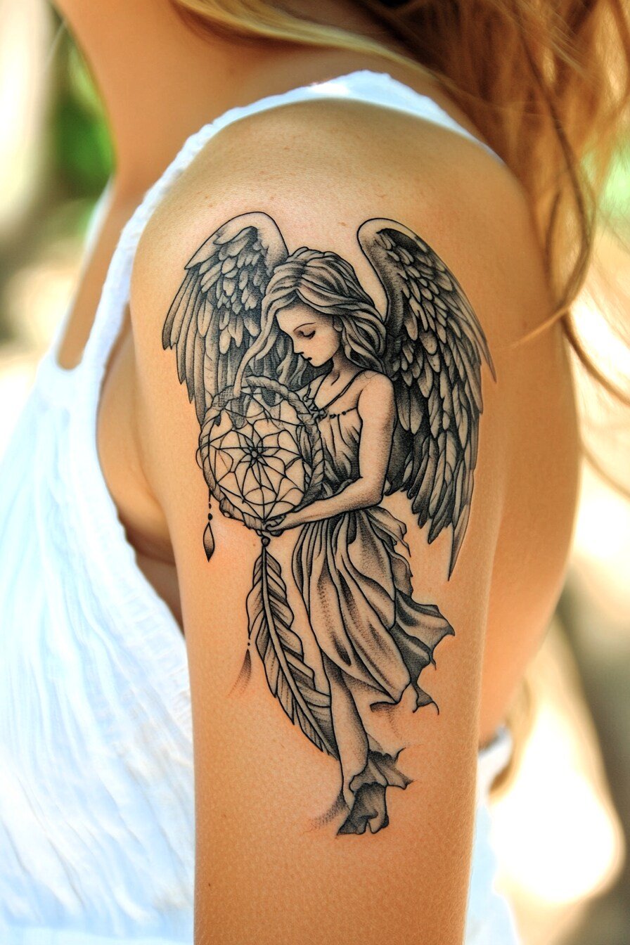 Arm - Angel Tattoo Design Idea For Women 17 (Shoulder - Dreamcatcher)